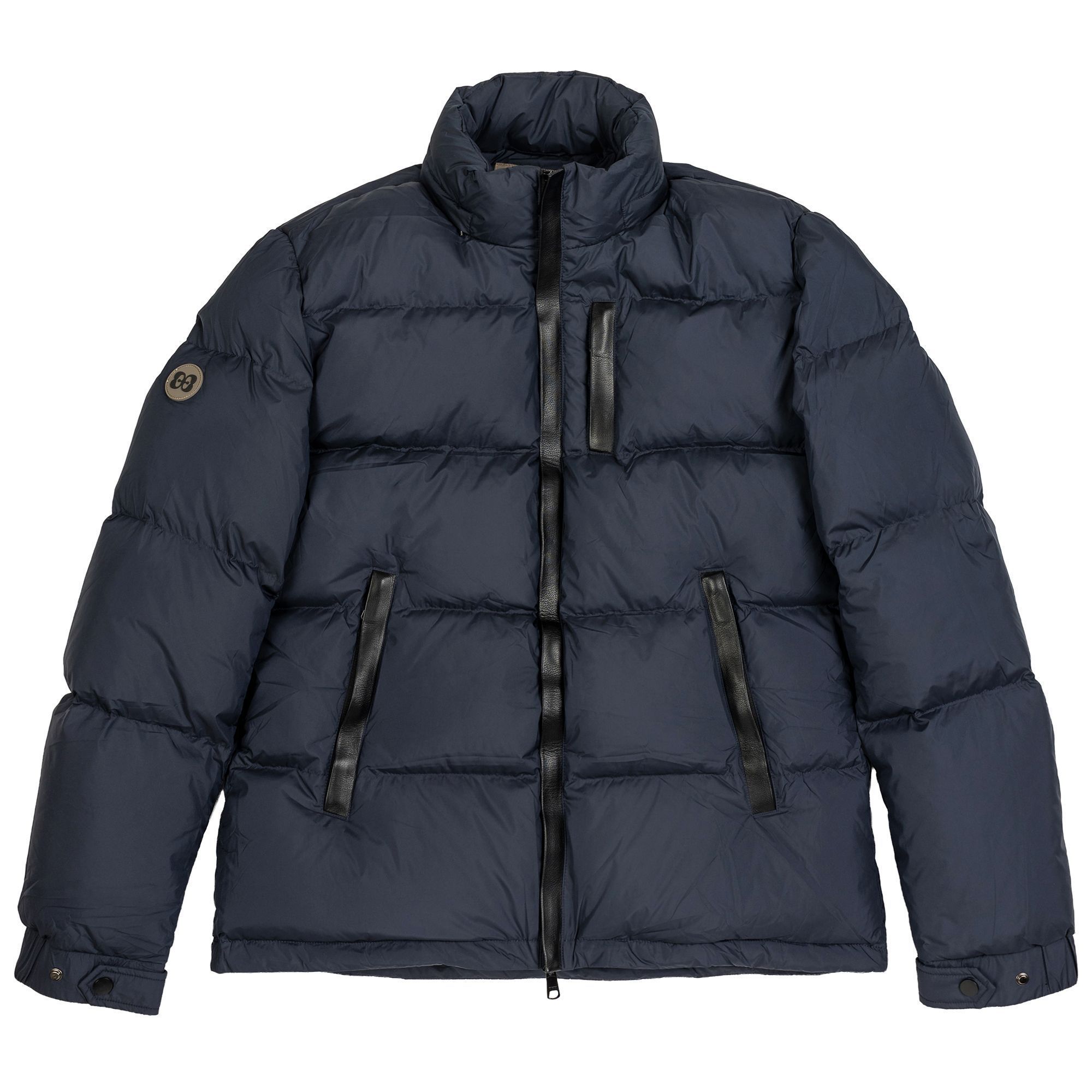 Piumino uomo blu navy 90/10 con finiture in pelle nera e tessuto waterproof – Elio Evan Verbier.