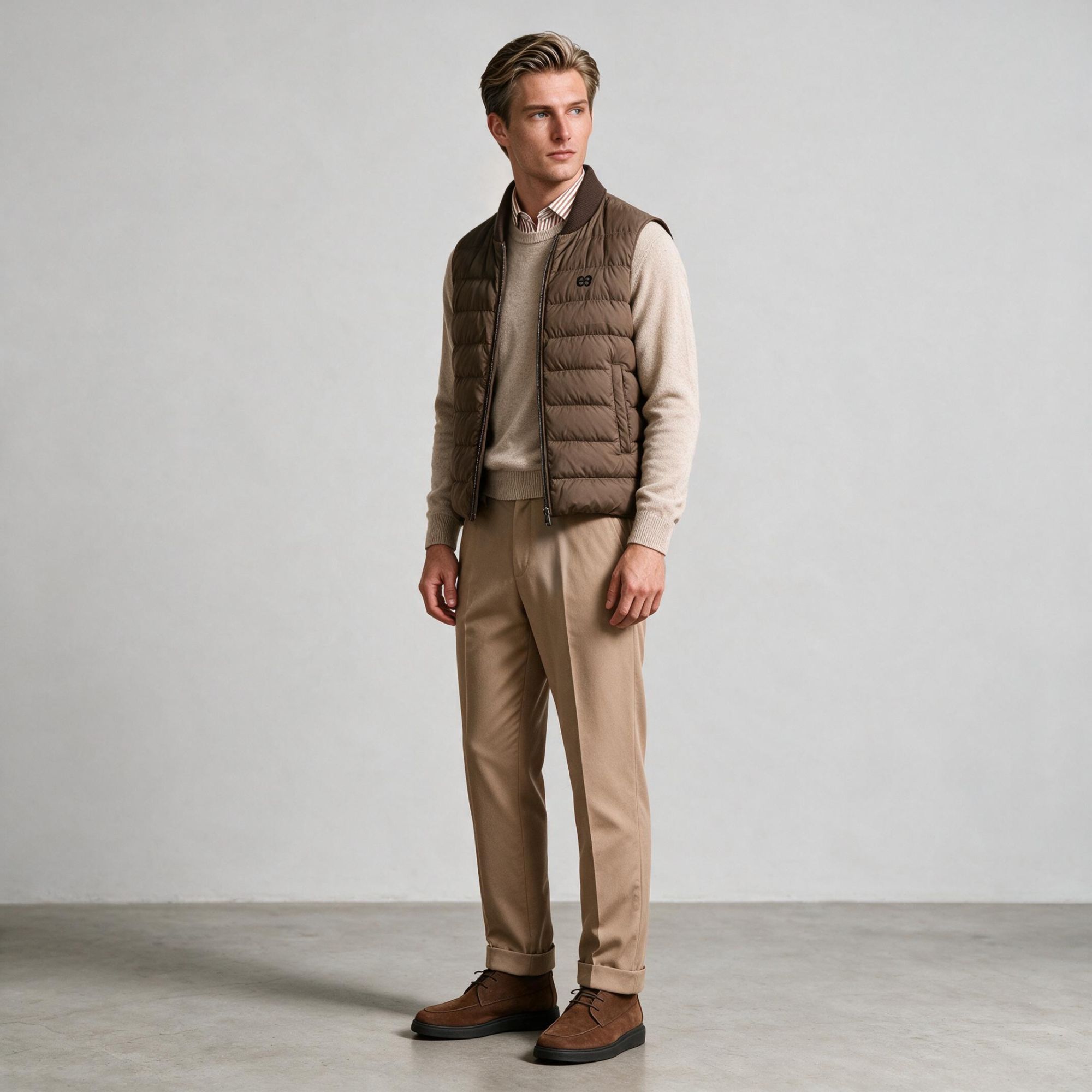 Gilet uomo imbottito Elio Evan colore tortora con collo in maglia rib e zip YKK a doppio cursore