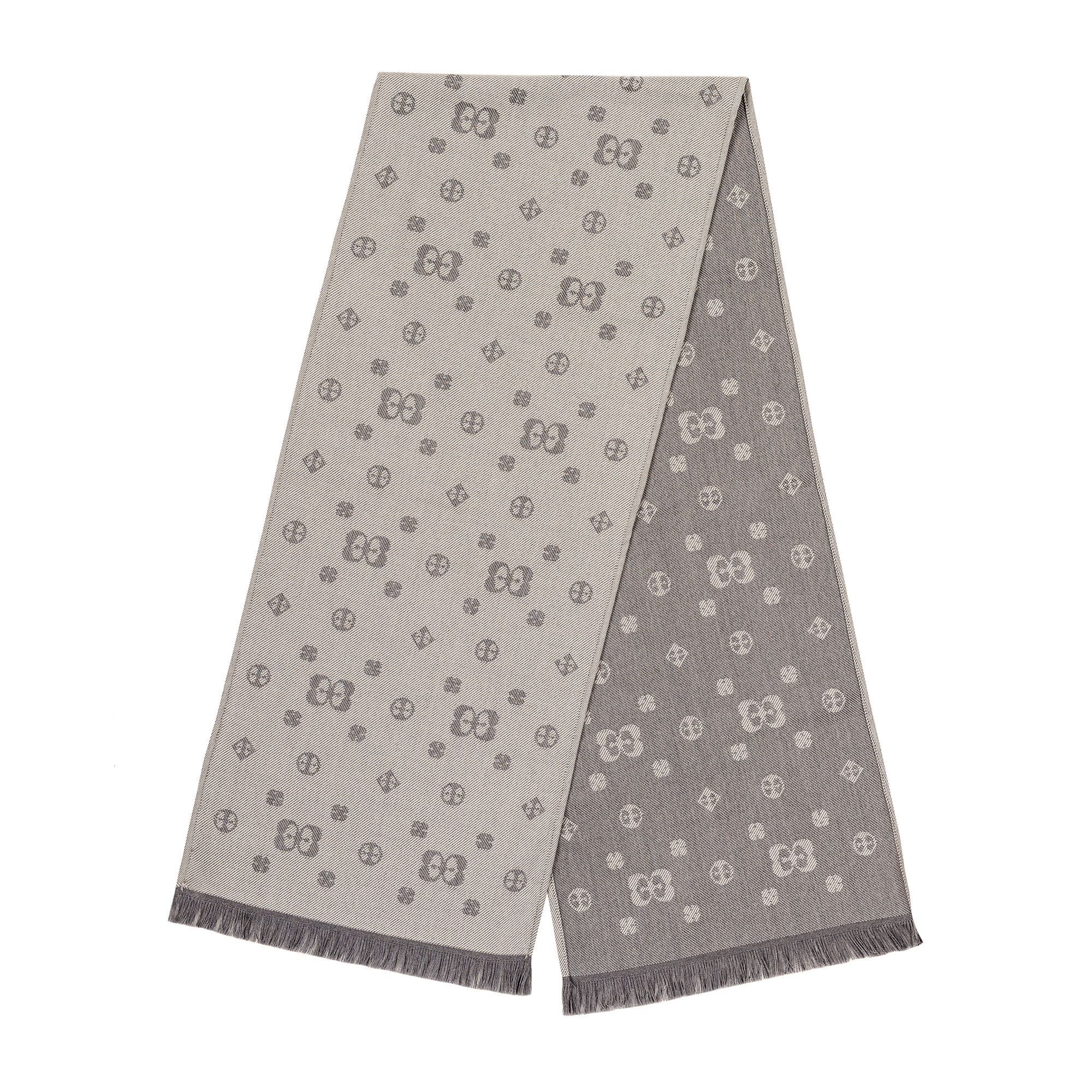 Sciarpa uomo Elio Evan in crema e grigio, design double-face, lavorazione jacquard e bordi con frange