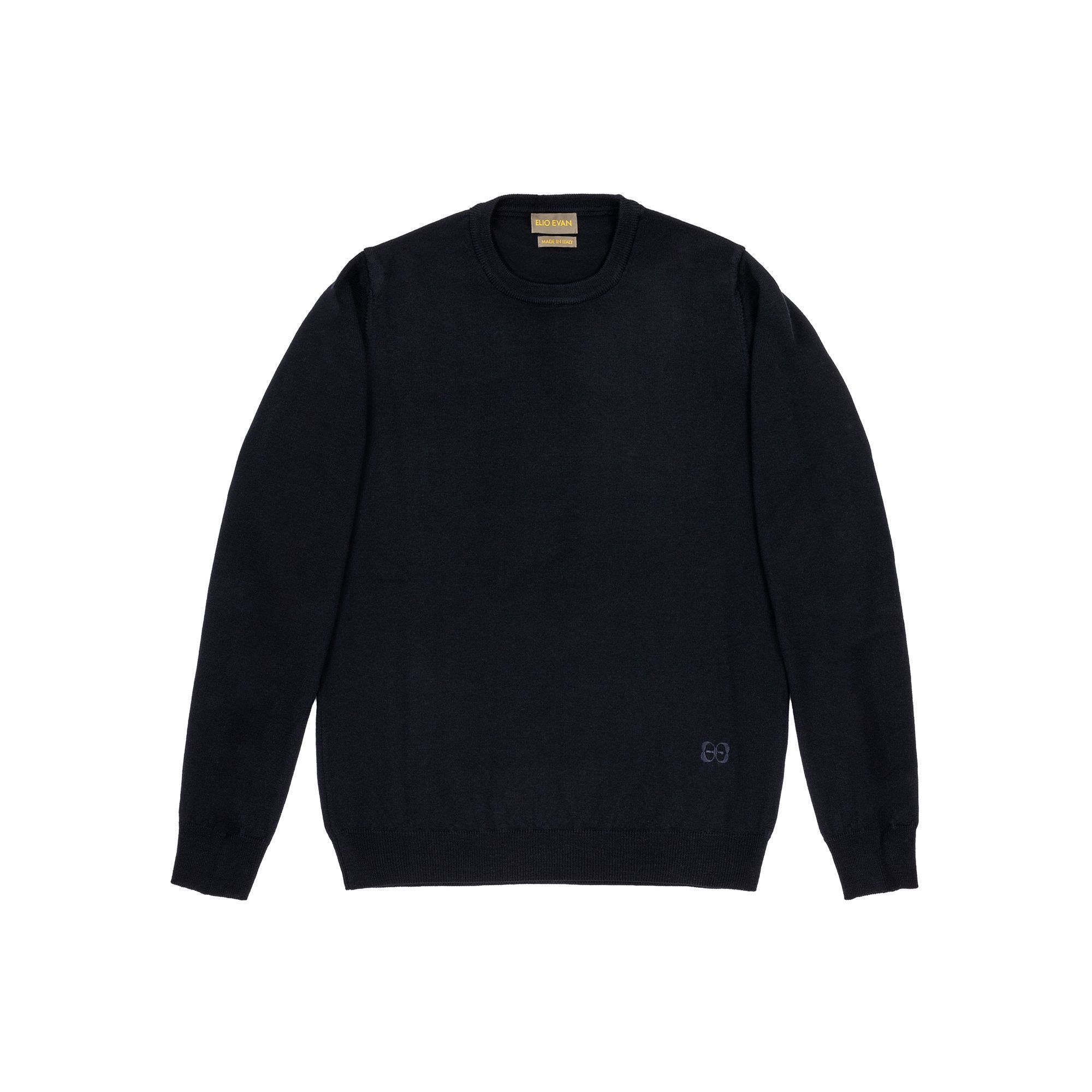 Maglia uomo Elio Evan in lana merino blu navy 14-gauge con finiture a coste e ricamo 2E