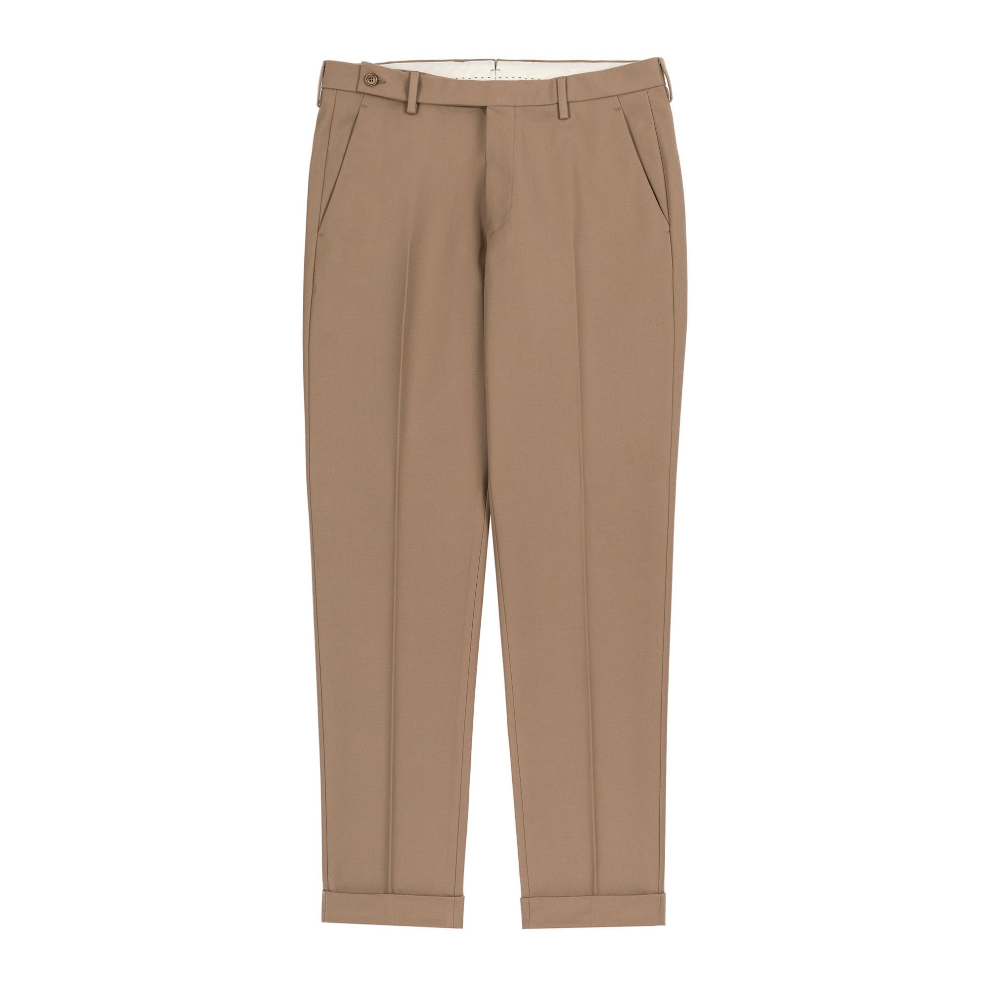 Chino in Acquawool beige cammello, modello Marnes SP con cinturino allungato, piega e risvolti.