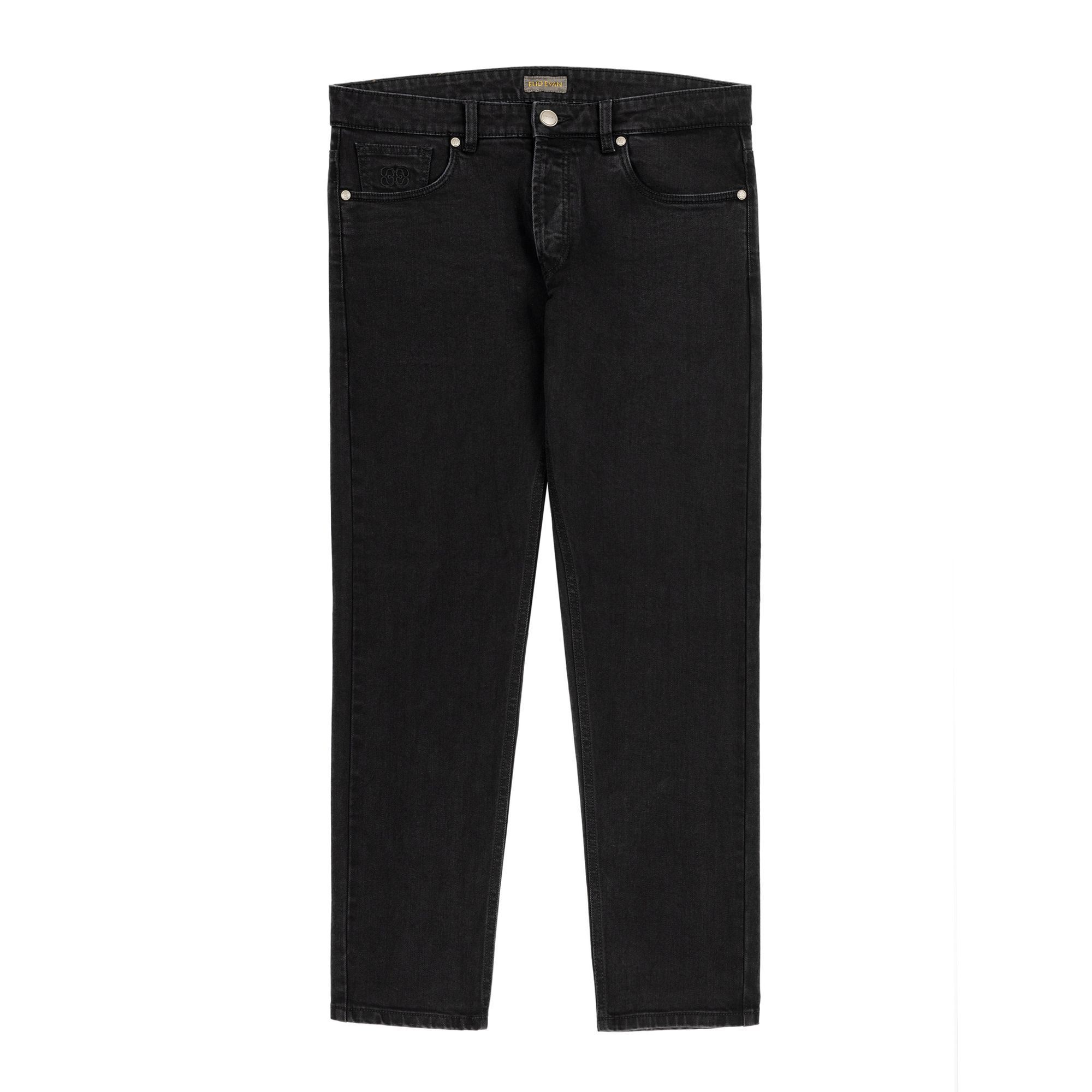 Jeans uomo Elio Evan in denim nero con patch in pelle e ricami tono su tono.