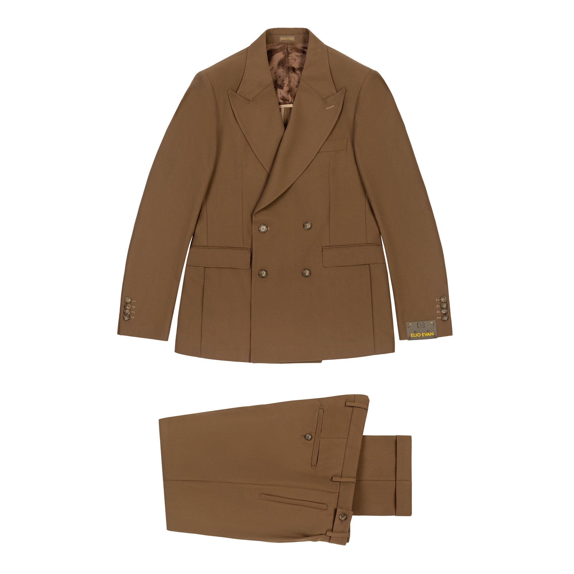 Camel double-breasted suit by Elio Evan, crafted from a sustainable lyocell and virgin wool gabardine blend with peak lapels and single pleated trousers.