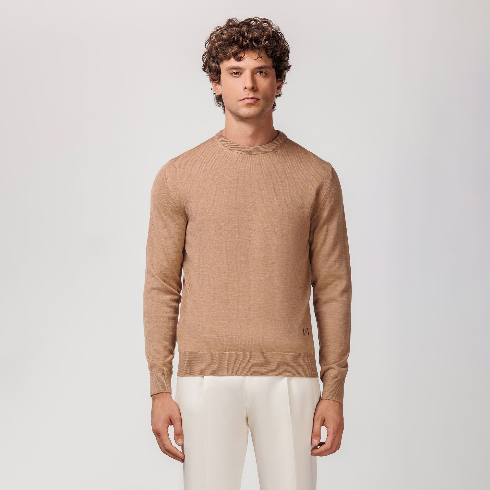 Camel Long-Sleeved Crewneck Sweater by Elio Evan, made from extrafine merino wool with ribbed hems and cuffs.