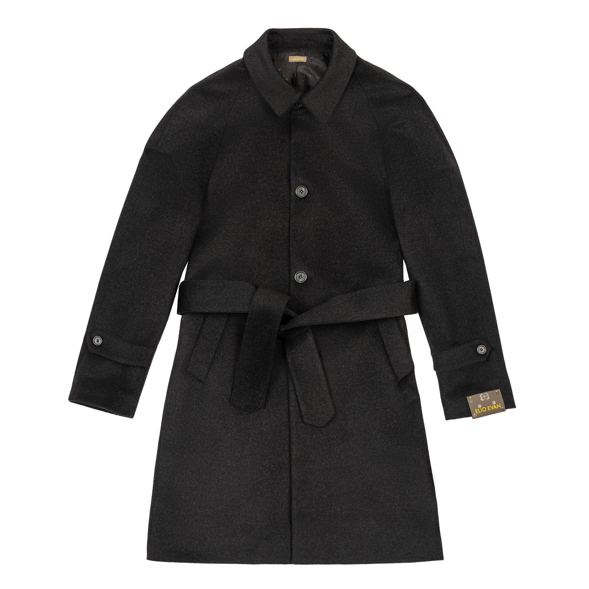 Charcoal grey raglan cashmere coat with button closure and waist belt, classic icon.