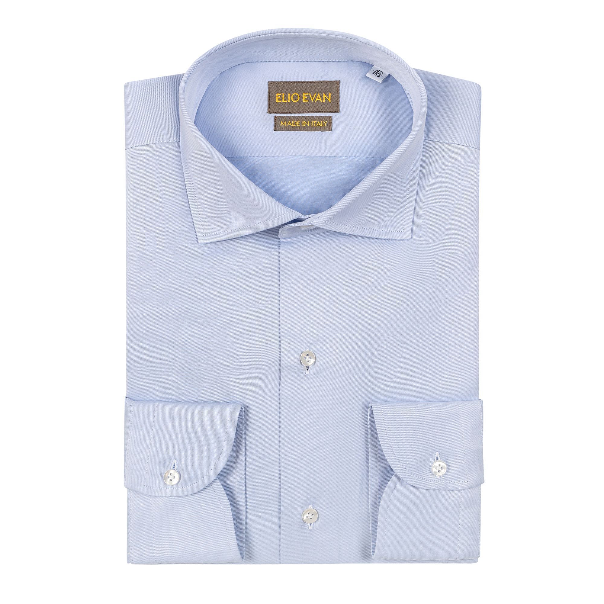 Camicia uomo azzurra in twill di cotone italiano 4 fili con collo semi-spread e bottoni in madreperla Elio Evan