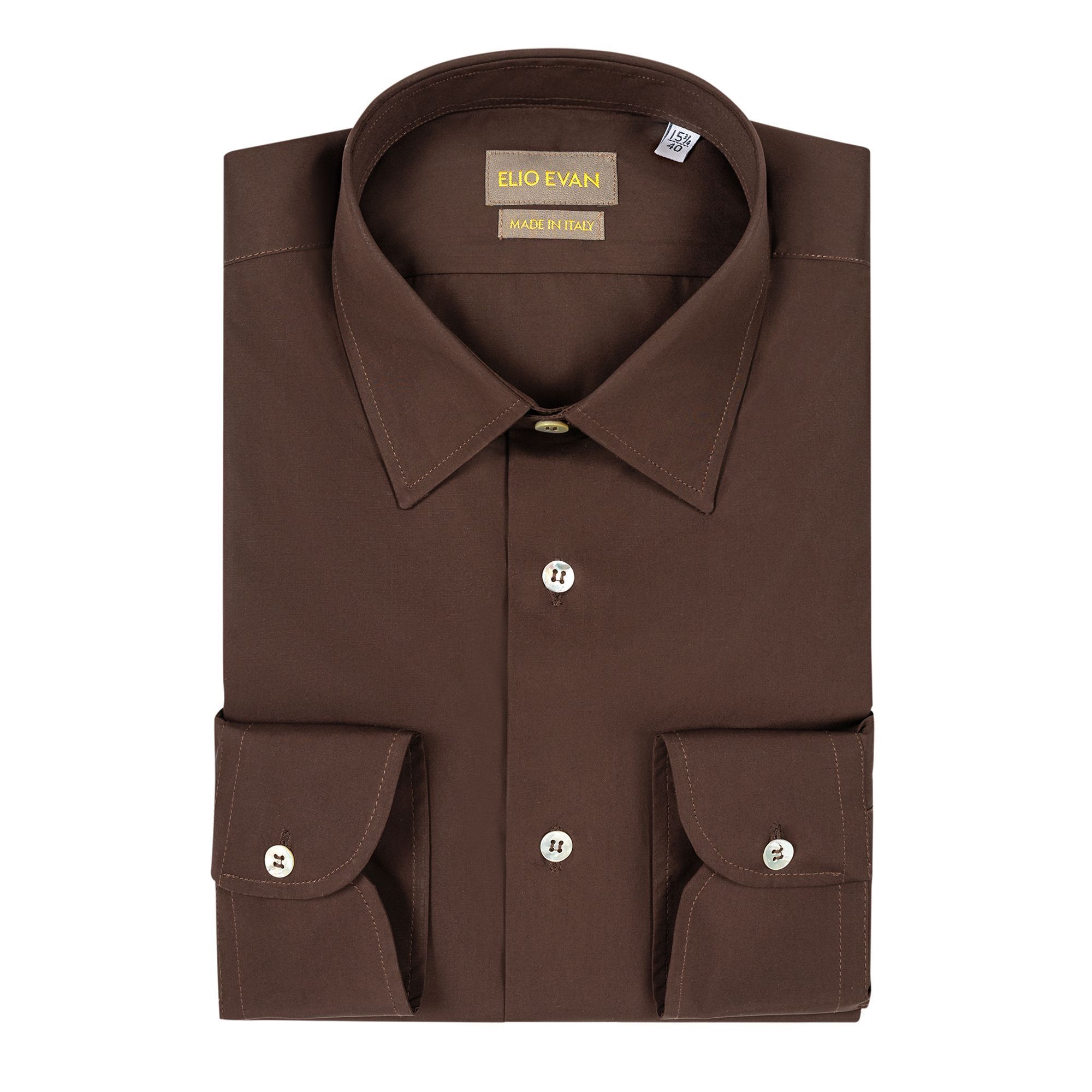 Camicia uomo Elio Evan Ralph marrone in cotone doppio filo 120/2 con colletto italiano e bottoni in madreperla.
