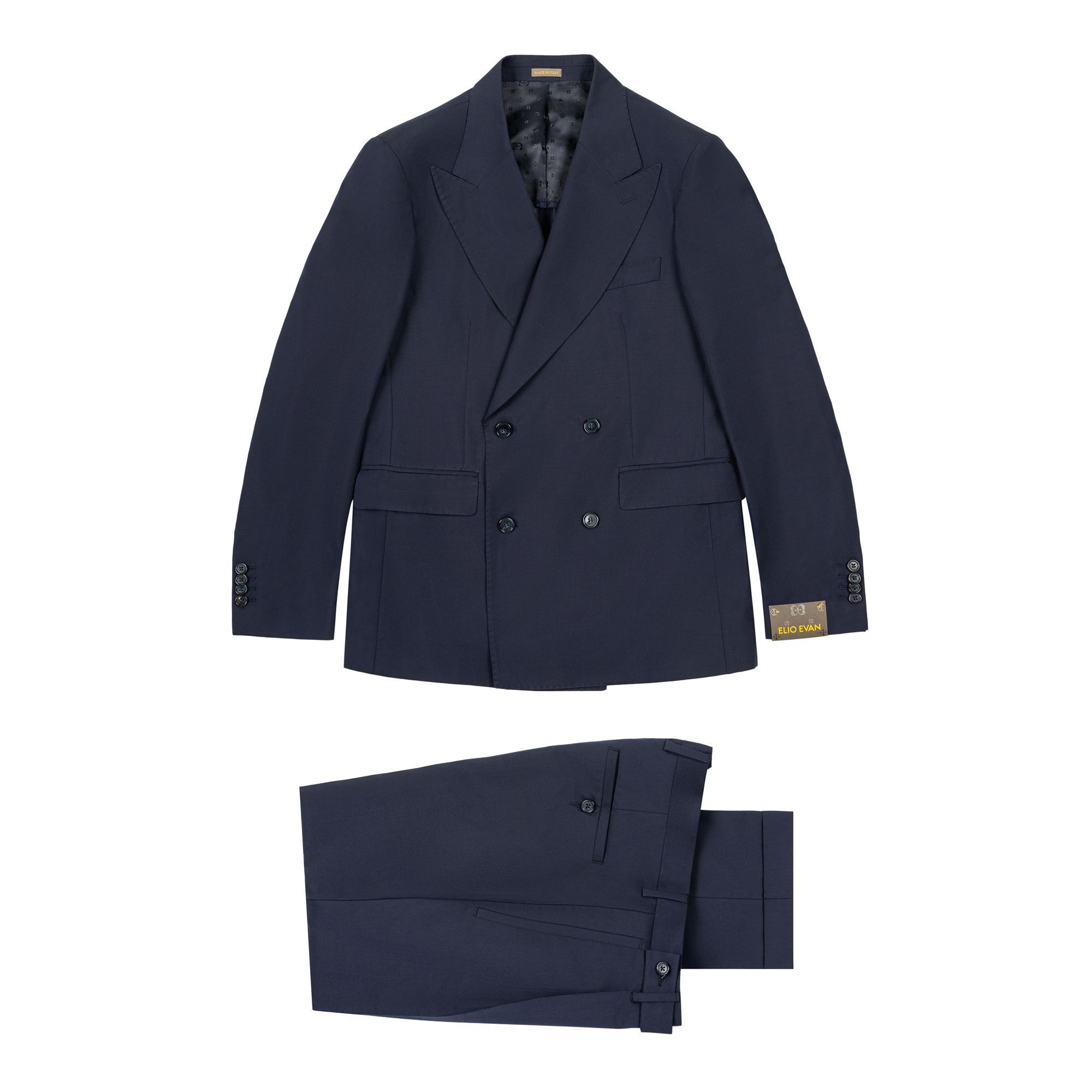 Abito uomo doppiopetto blu navy in lana cotone gabardine con pince. Made in Italy.