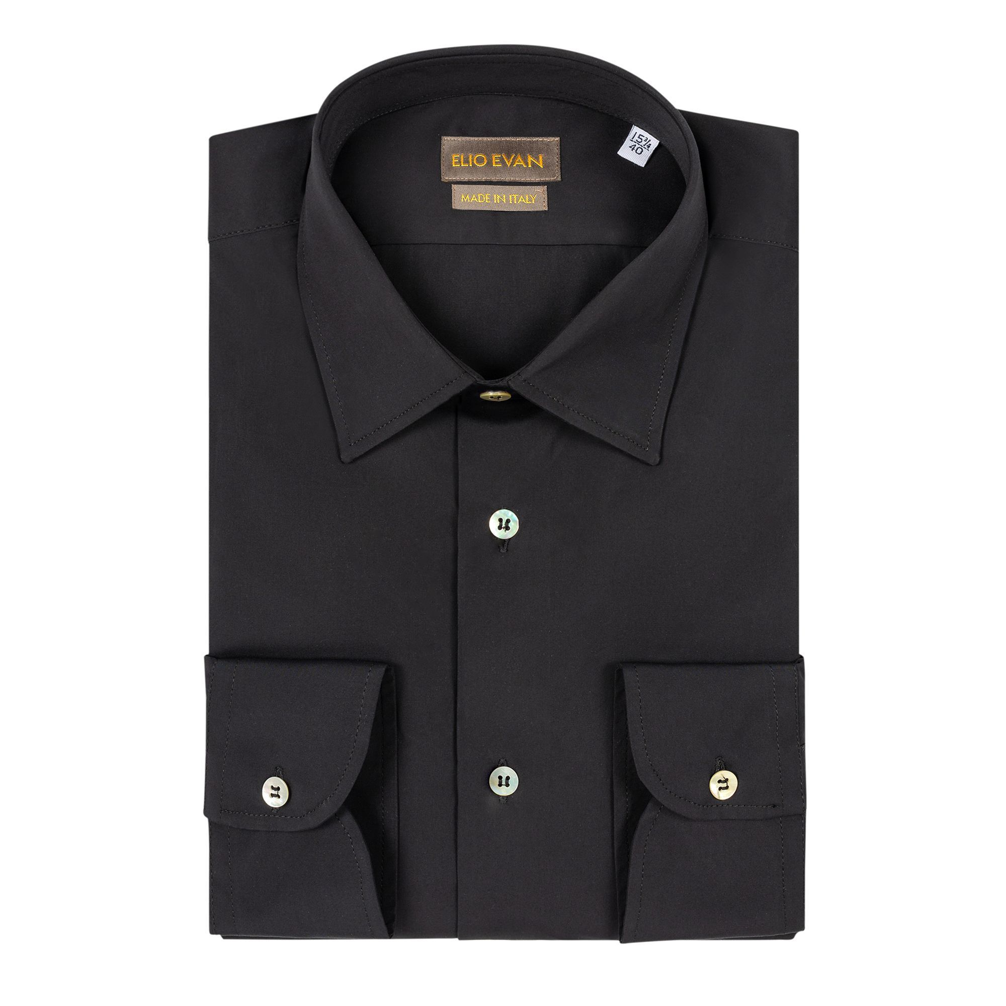 Camicia uomo Elio Evan nera popeline 120/1 con colletto italiano e bottoni in madreperla.
