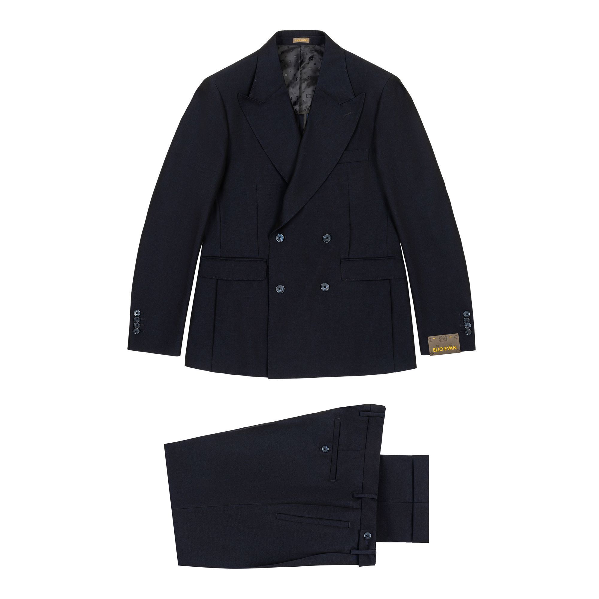 Navy double-breasted suit by Elio Evan, crafted from a sustainable lyocell and virgin wool gabardine blend with peak lapels and single pleated trousers.
