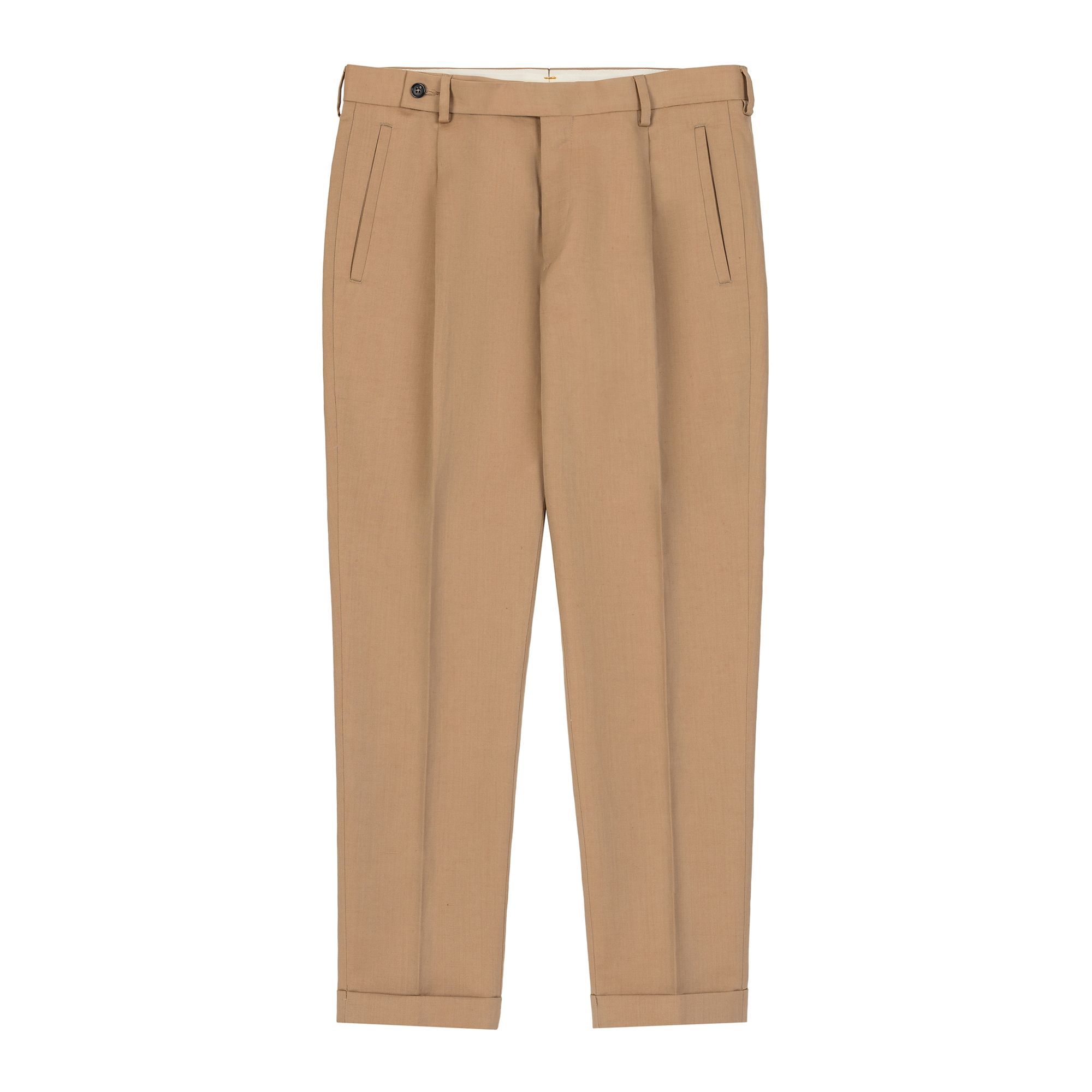 Elio Evan beige wool-linen trousers with single pleat, tab waistband, and turn-ups – Solaro texture