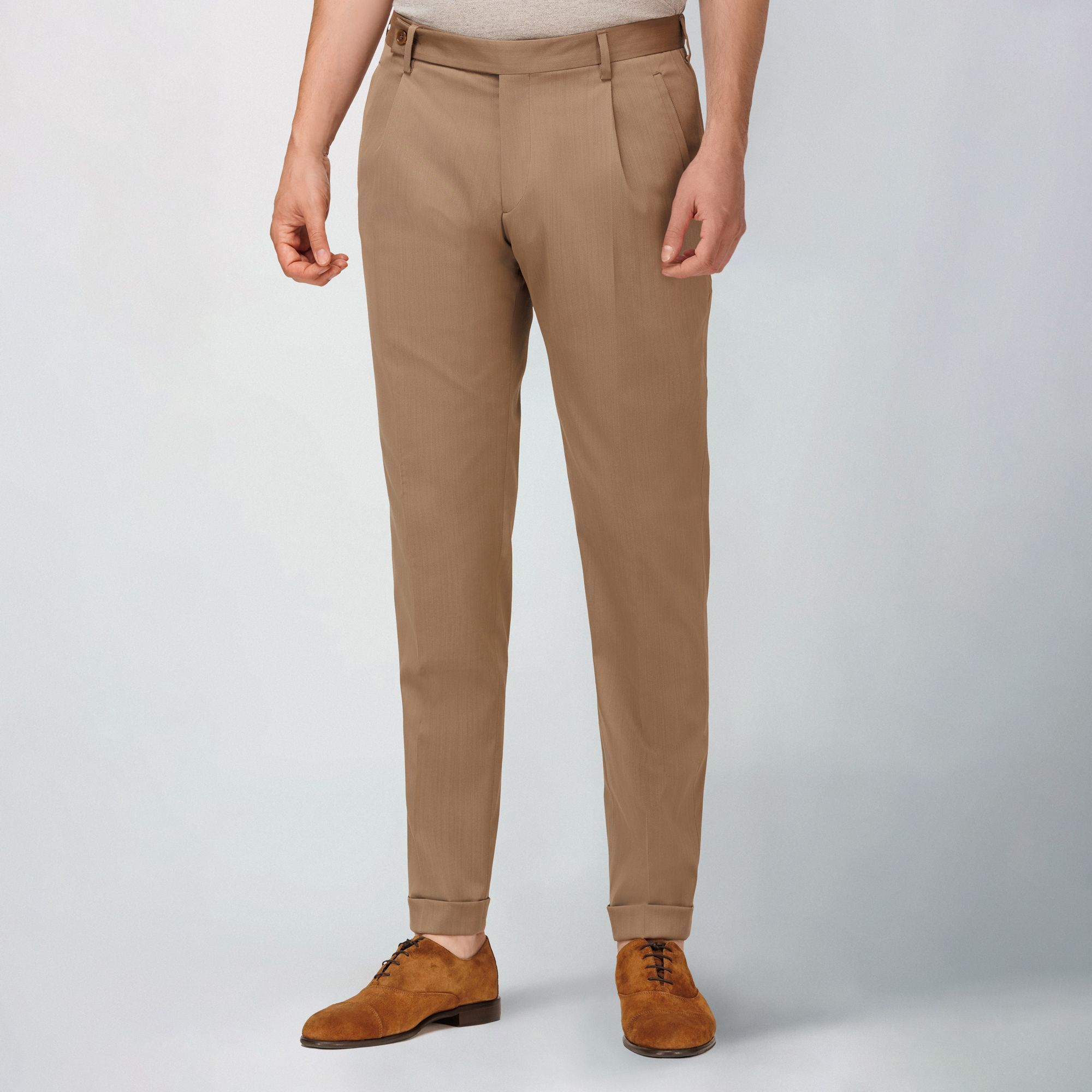 Pantaloni beige uomo Elio Evan con pince, chiusura laterale e trama Solaro