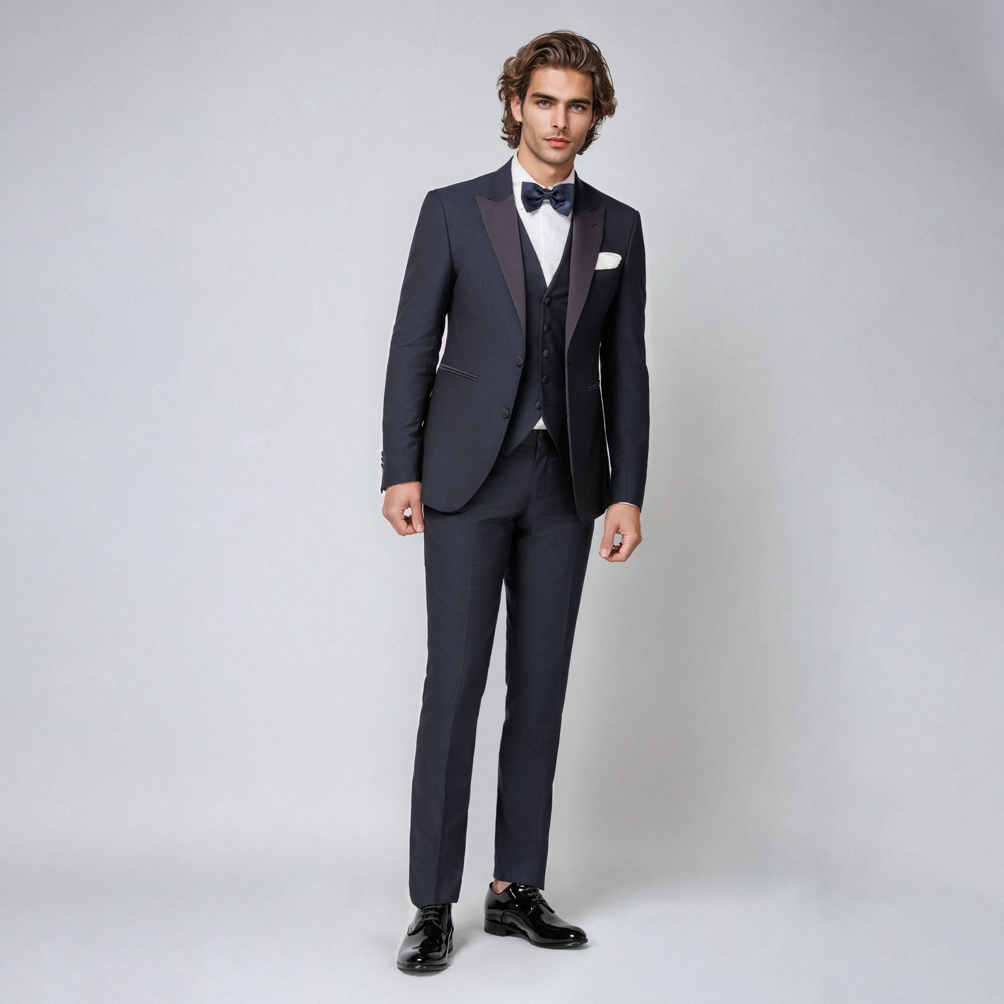 Completo da cerimonia blu navy in jacquard con revers in raso Elio Evan. Tre pezzi modello Bristol. Made in Italy.