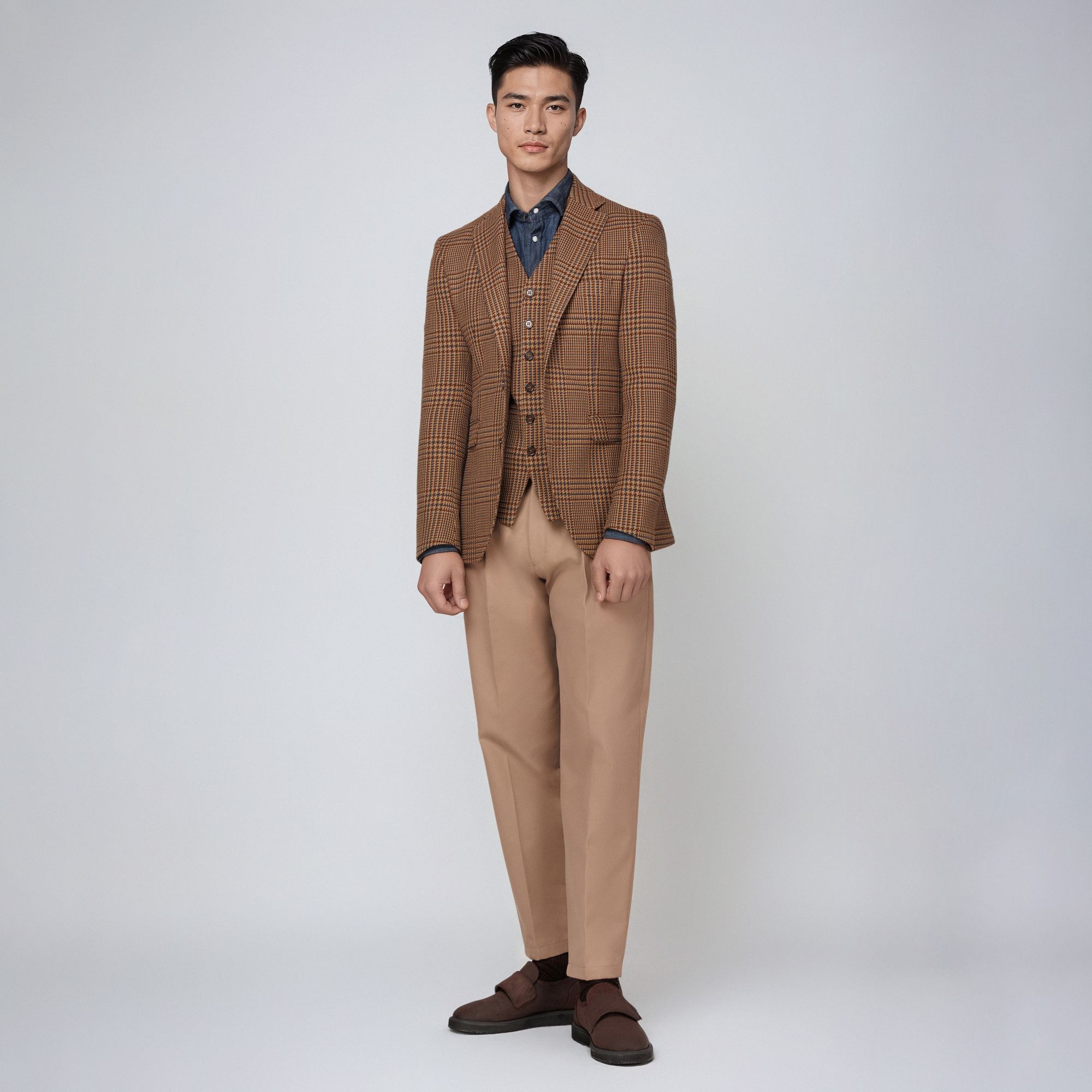 Uomo con total look Elio Evan: blazer scozzese marrone, gilet coordinato, camicia denim e pantaloni beige.