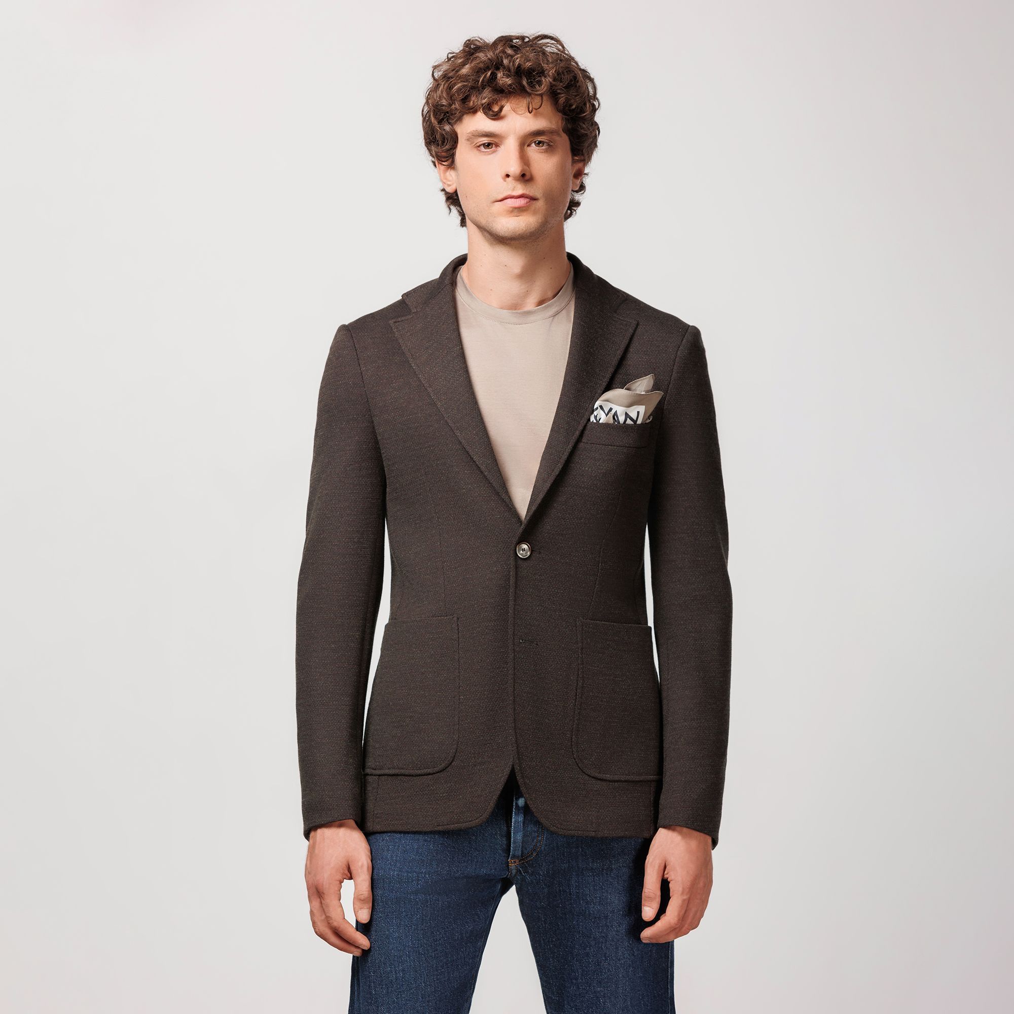 Blazer in Misto Lana-Cotone Lavorato a Maglia Marrone