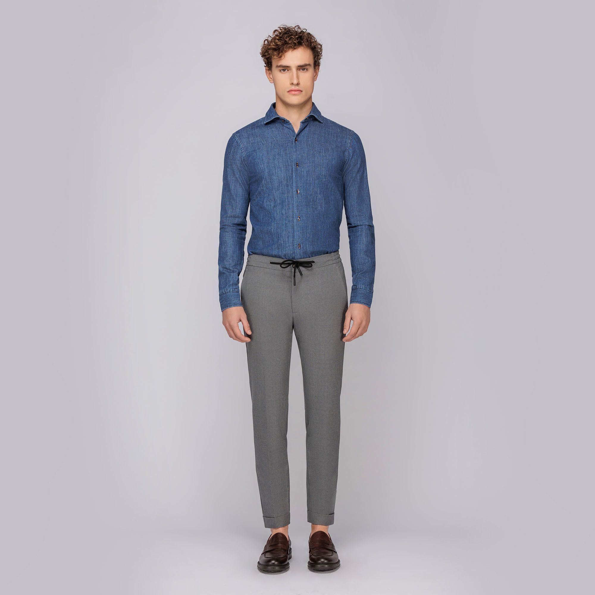 Pantalone grigio fresco di lana con coulisse