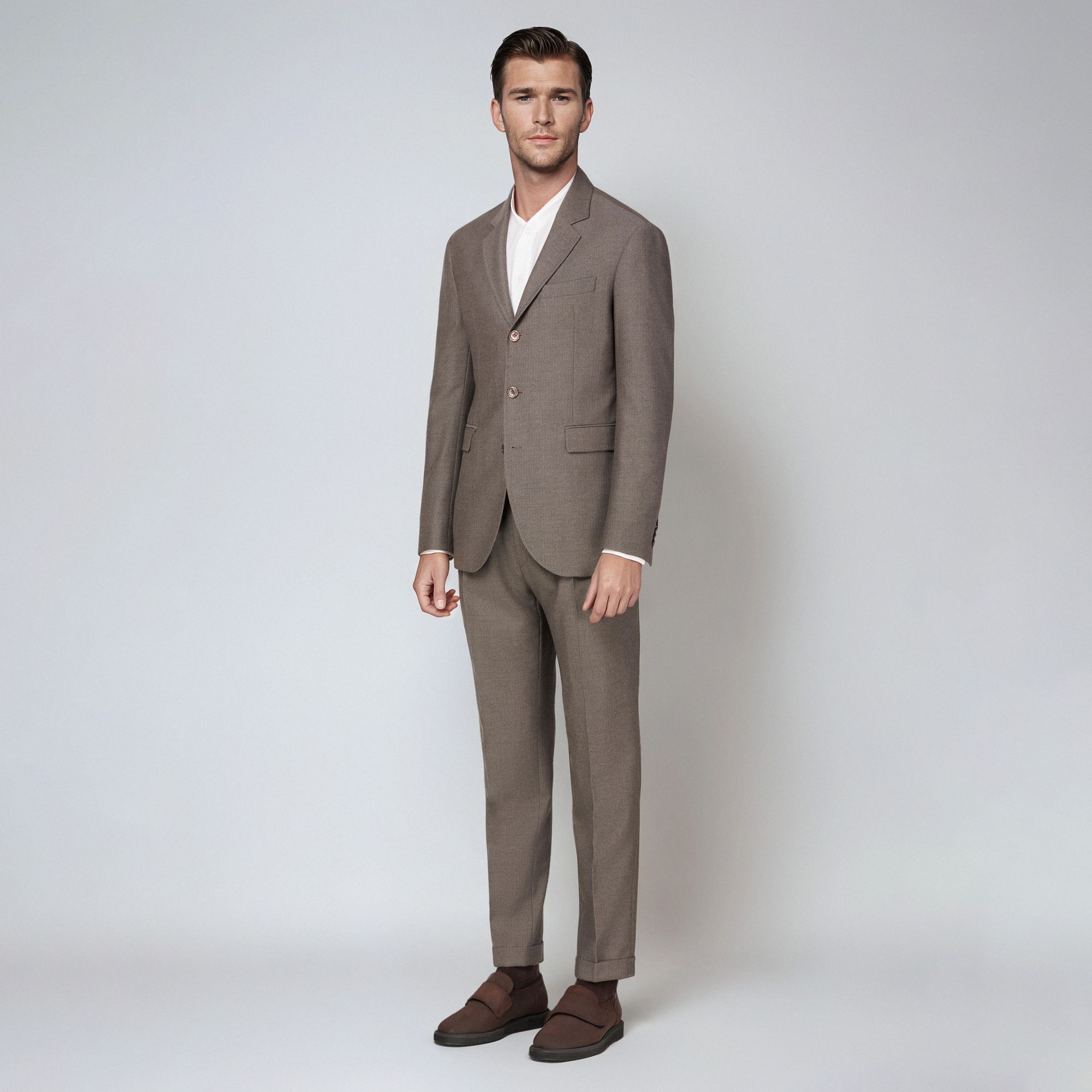 Total Look Abito Uomo Taupe Microspina in Lana