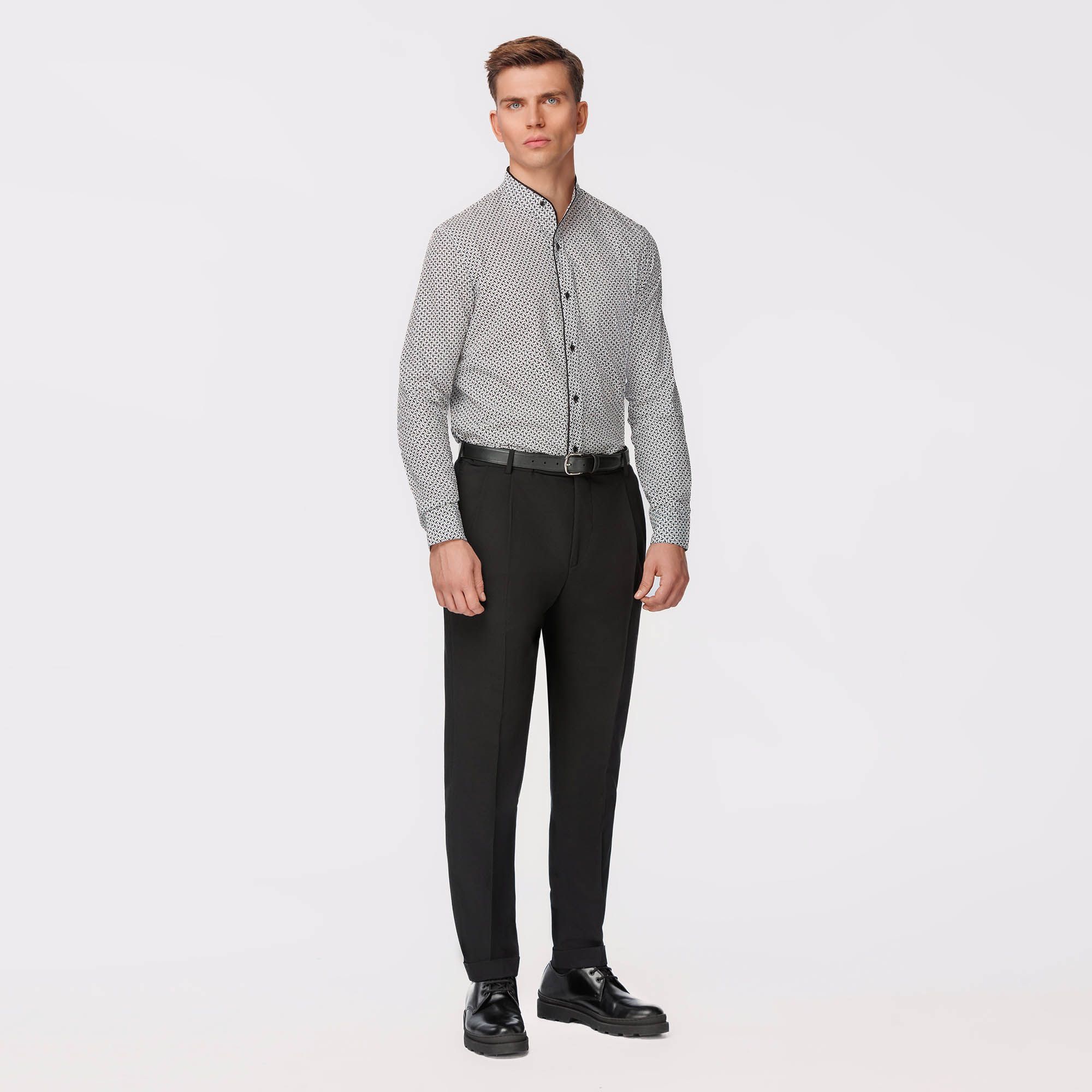 Camicia seersucker in collo coreano con piping