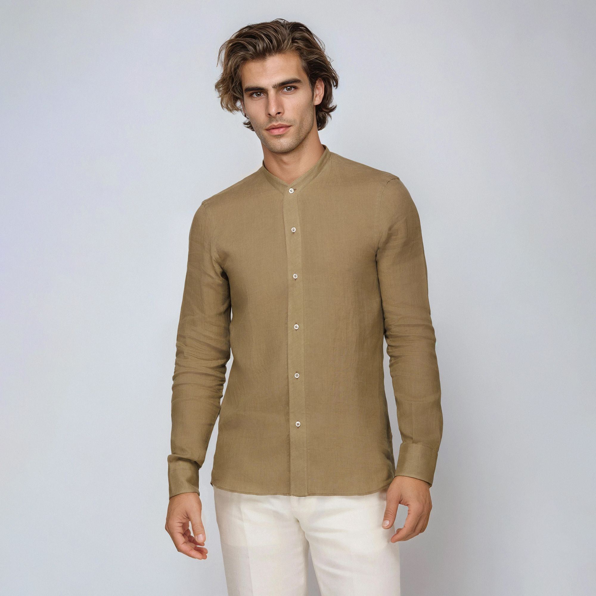 Camicia Uomo in Lino Verde Oliva con Collo Coreano