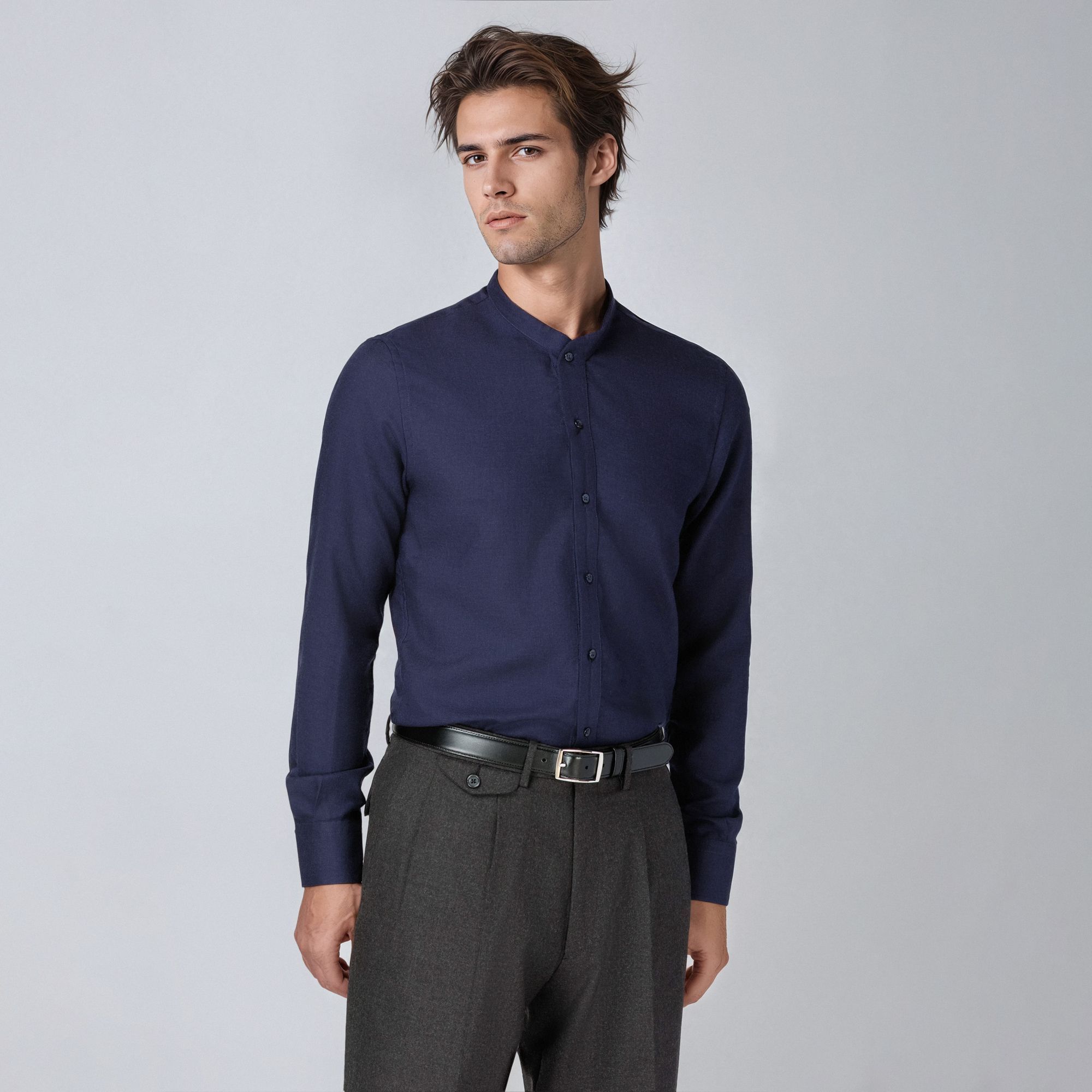 Camicia Coreana Lana Vergine Lavabile – Blu Navy