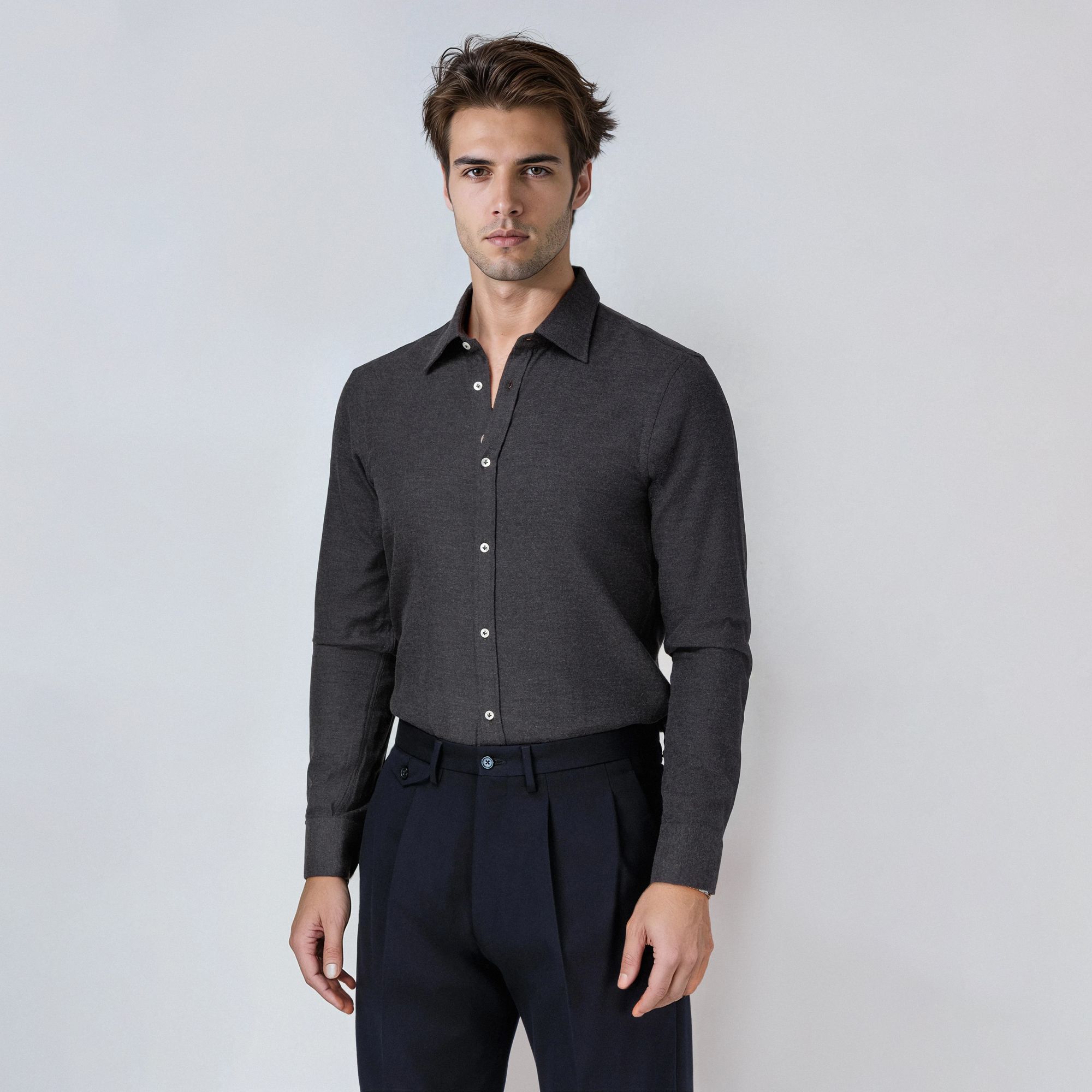 Camicia in Flanella di Cotone Grigio Antracite