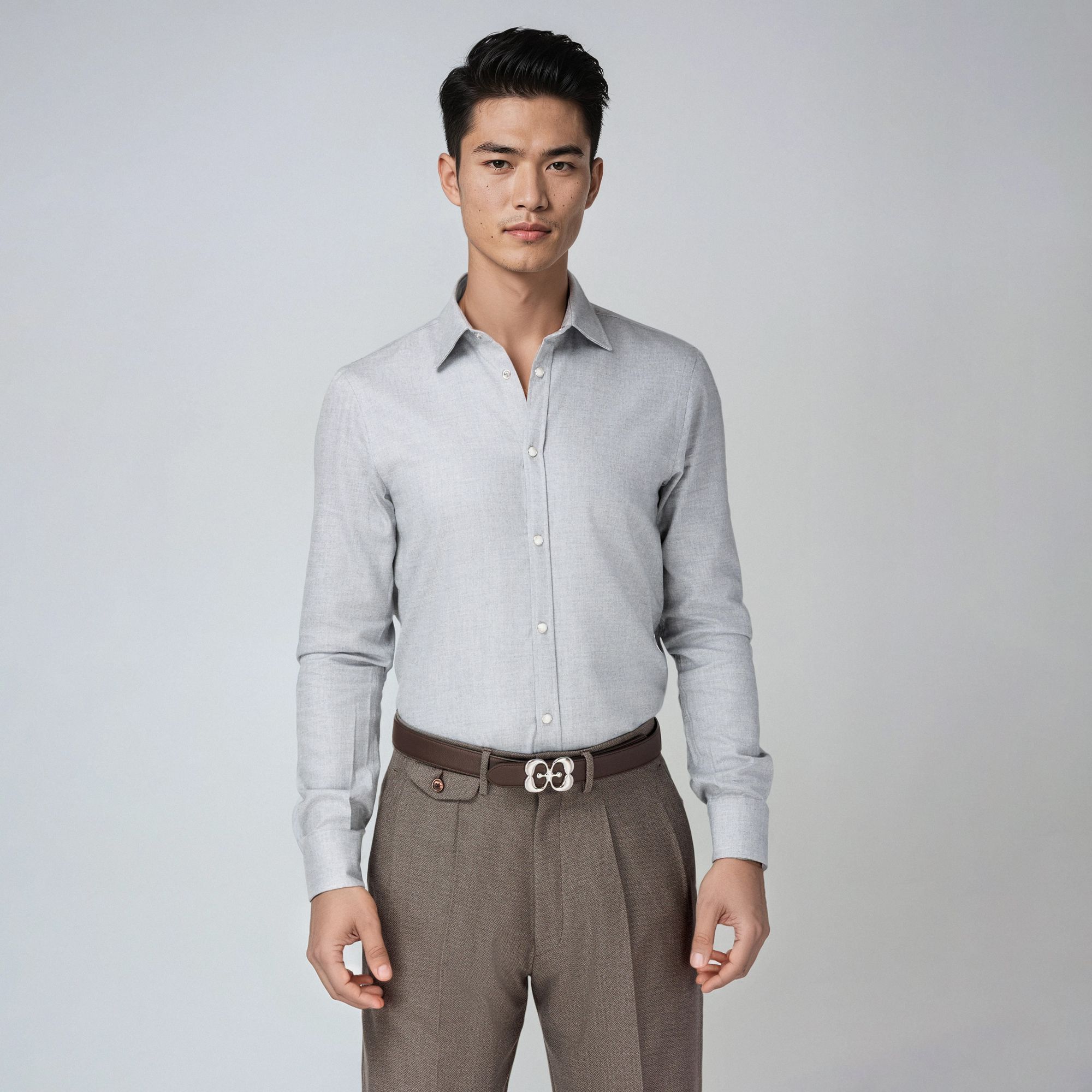 Camicia in Flanella a Spina di Pesce Grigio Chiaro